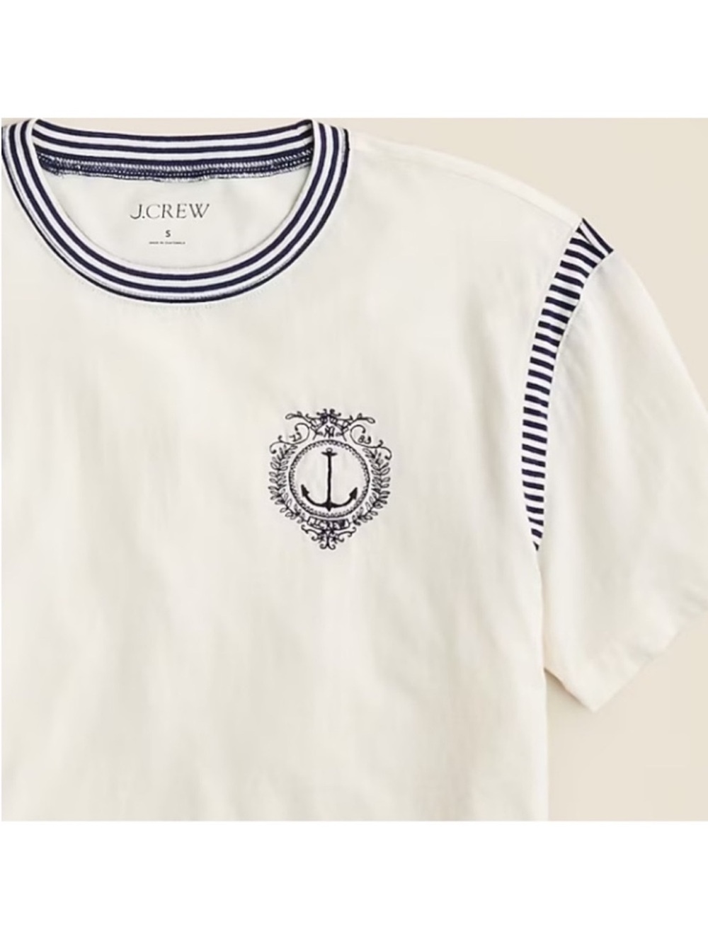 NWT J. Crew White Short-Sleeve Embroidered Nautical Anchor Tee with Navy Trim - Picture 2 of 8